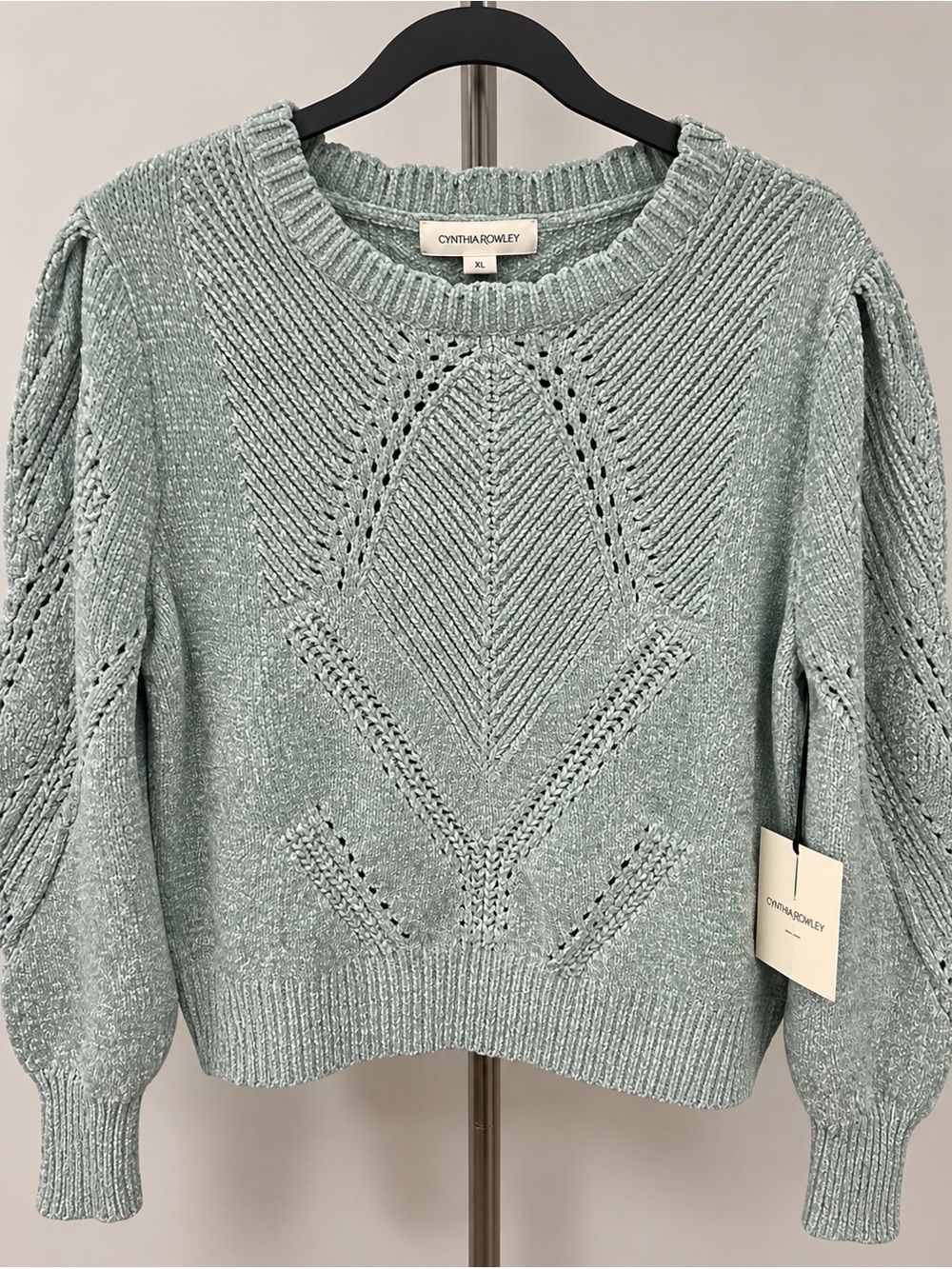 Cynthia Rowley Seafoam Green Open-Stitch Crewneck Sweater Chenille Size M. NWT
